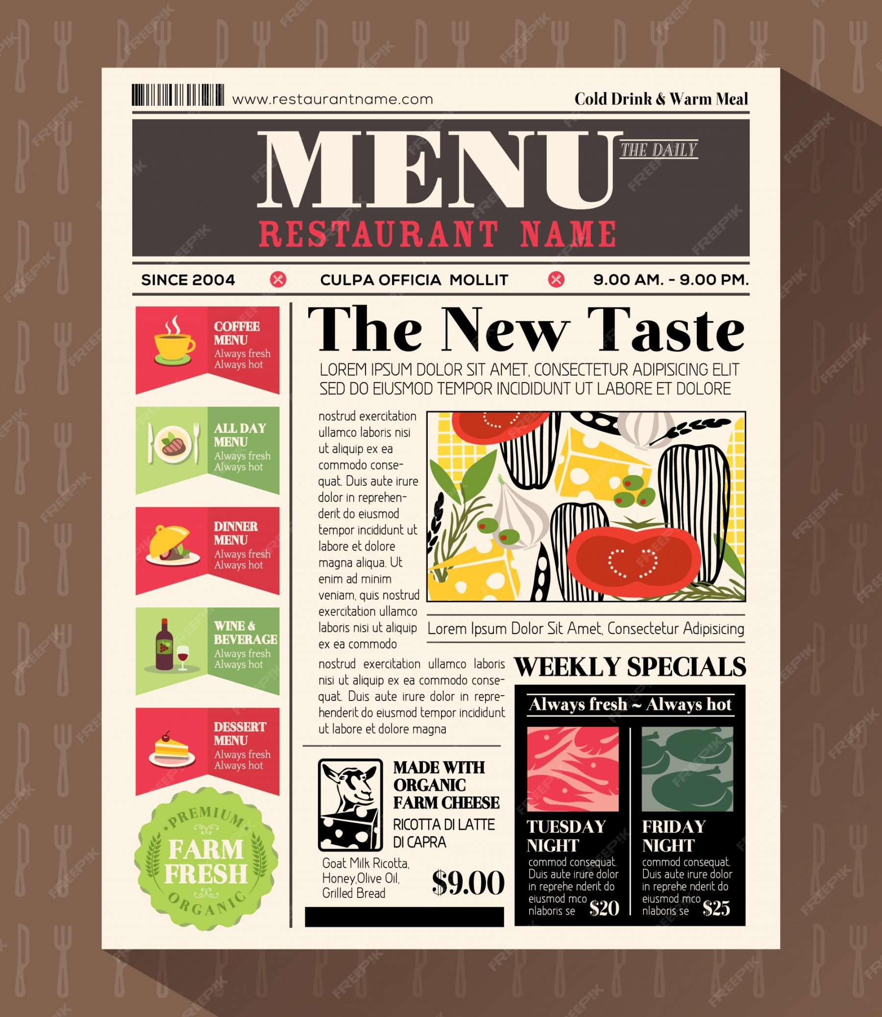 Premium Vector  Restaurant menu design template in newspaper style