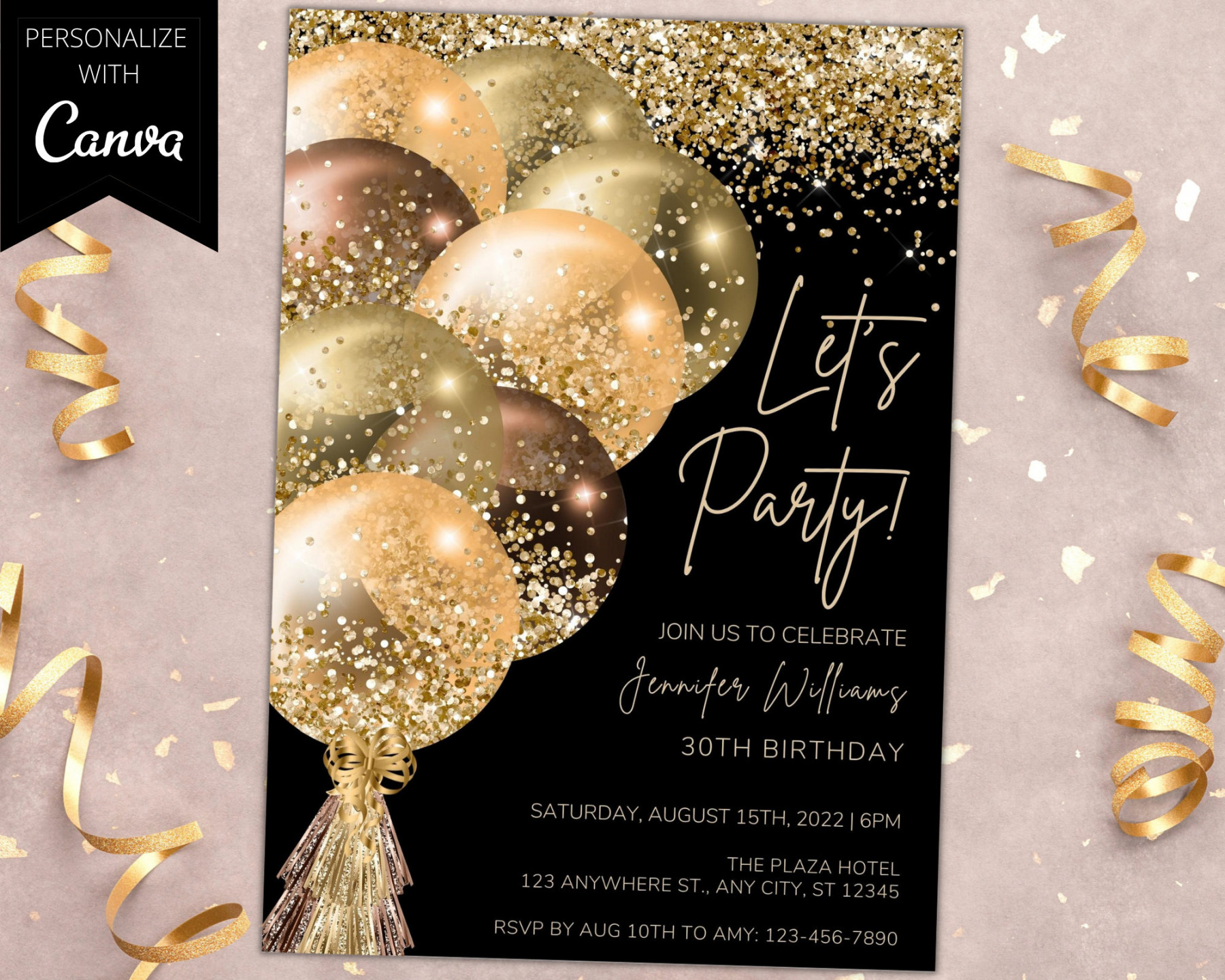 Printable Black Gold Balloons Birthday Party Invitation - Etsy UK