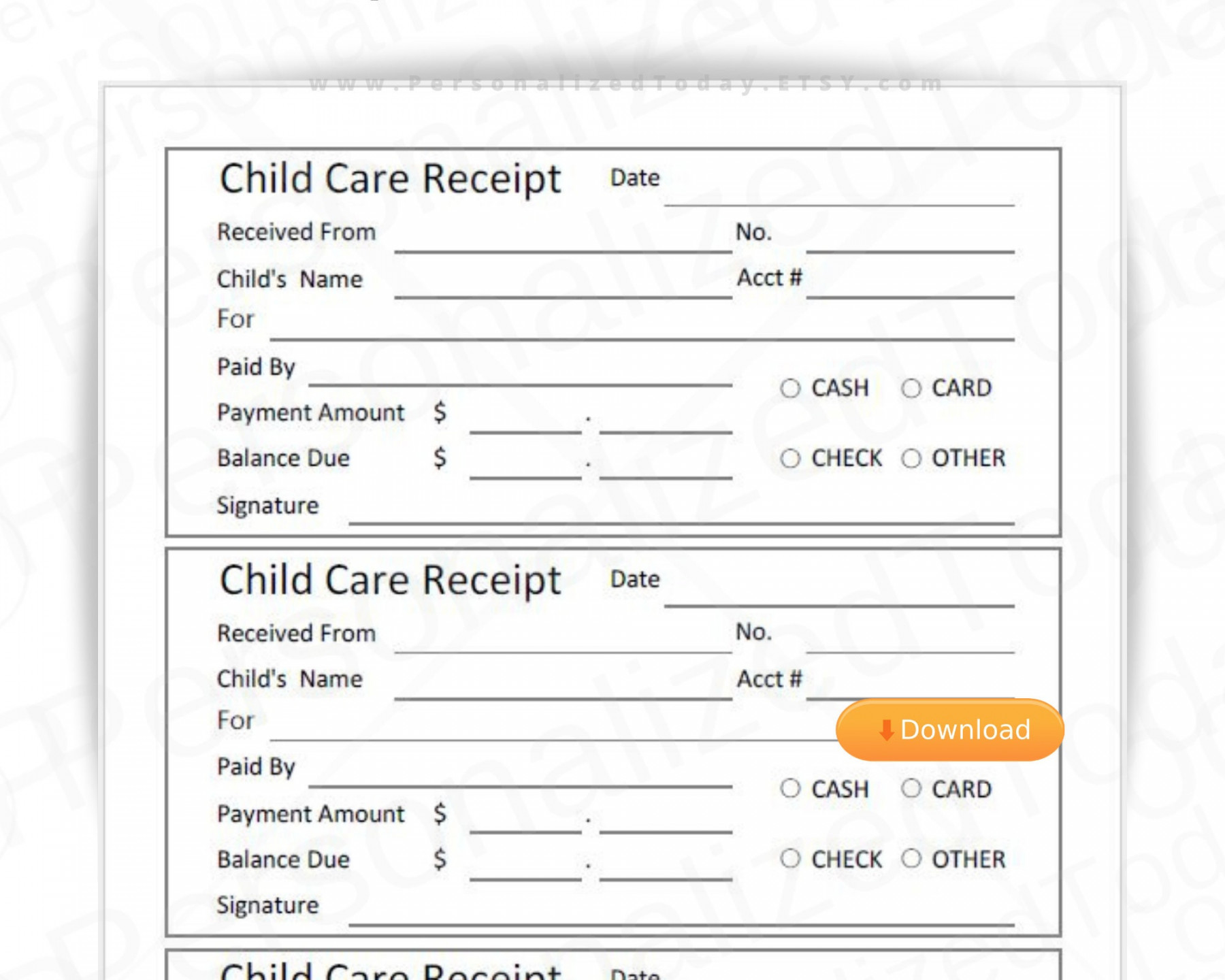 Printable Child Care Receipts Fillable and Print and Write PDF