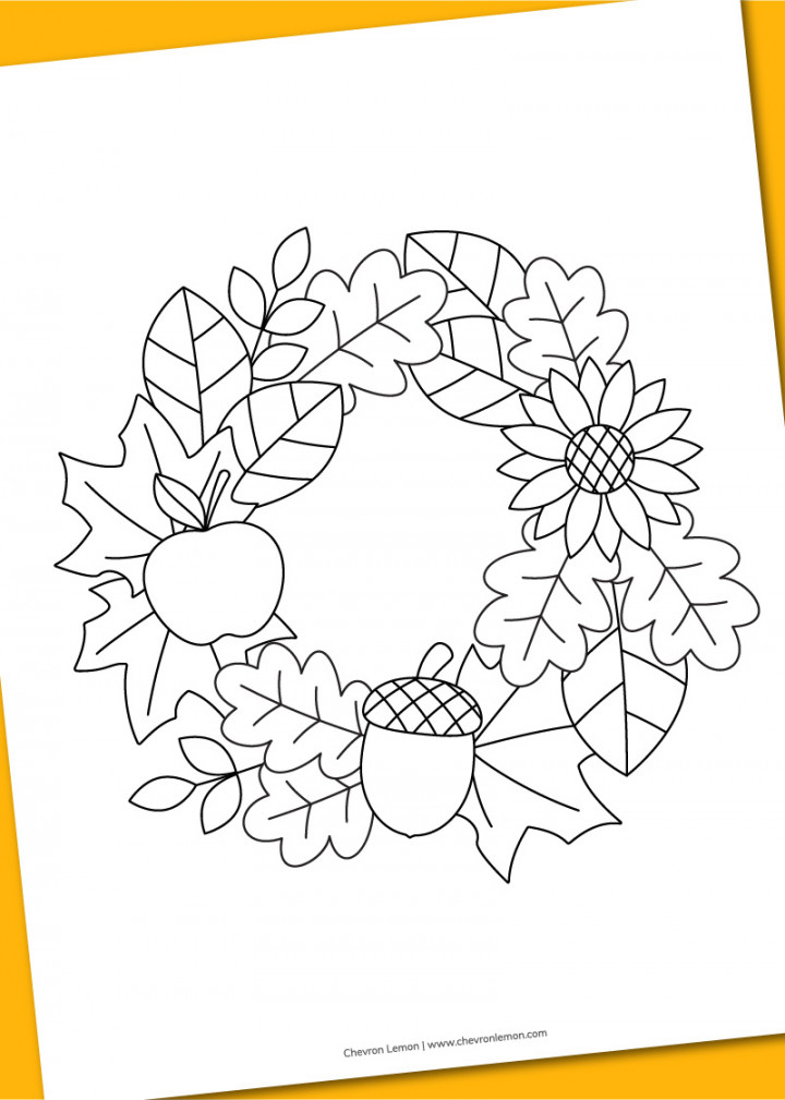 Printable fall wreath coloring page - Chevron Lemon