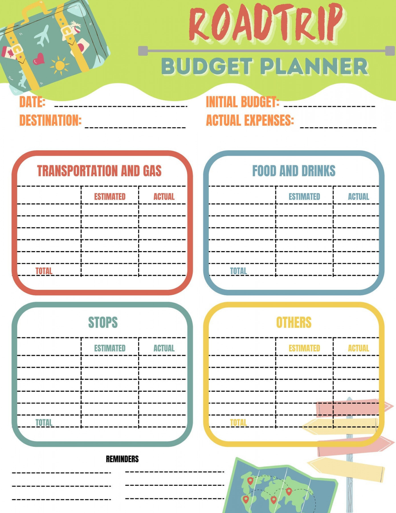 Printable Road Trip Budget Planner - Color & Black/White Versions