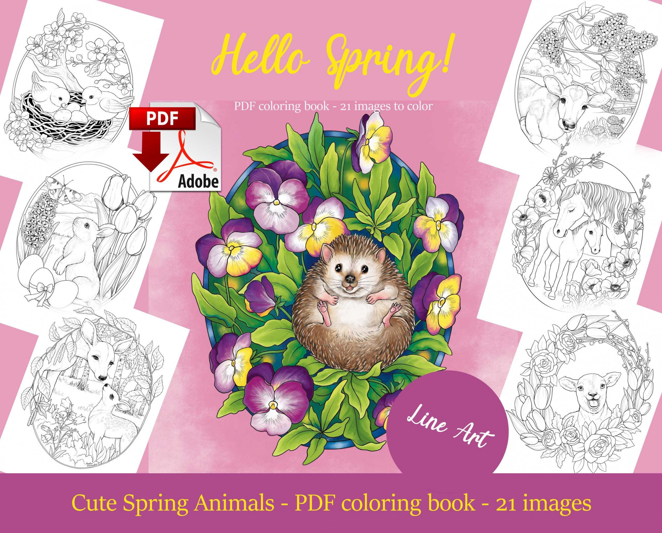 Printable Spring Line Art Coloring Book, Hello Spring PDF Download