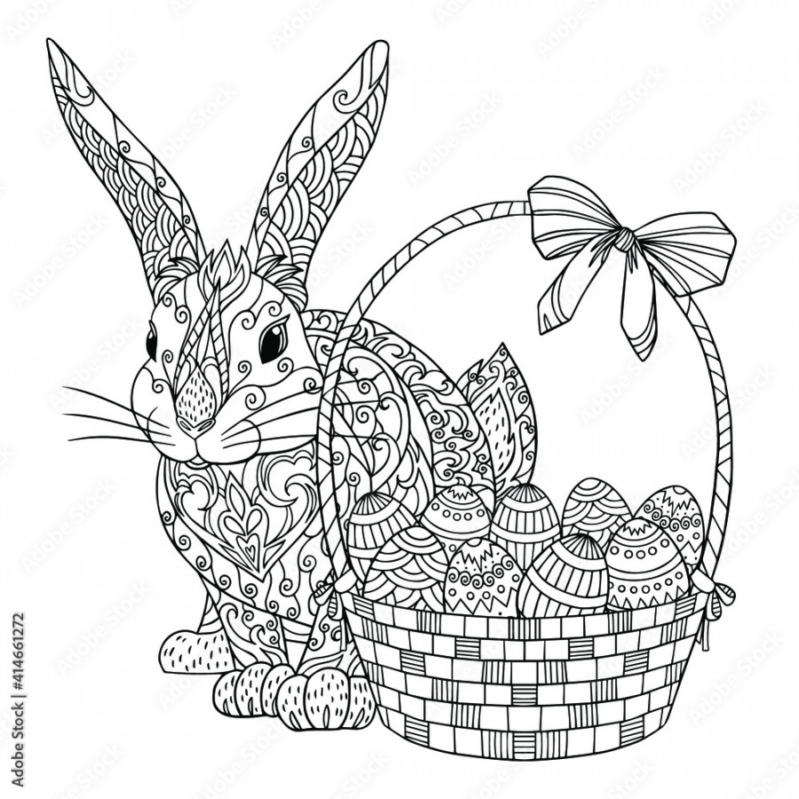 Rabbit with basket and easter eggs coloring page