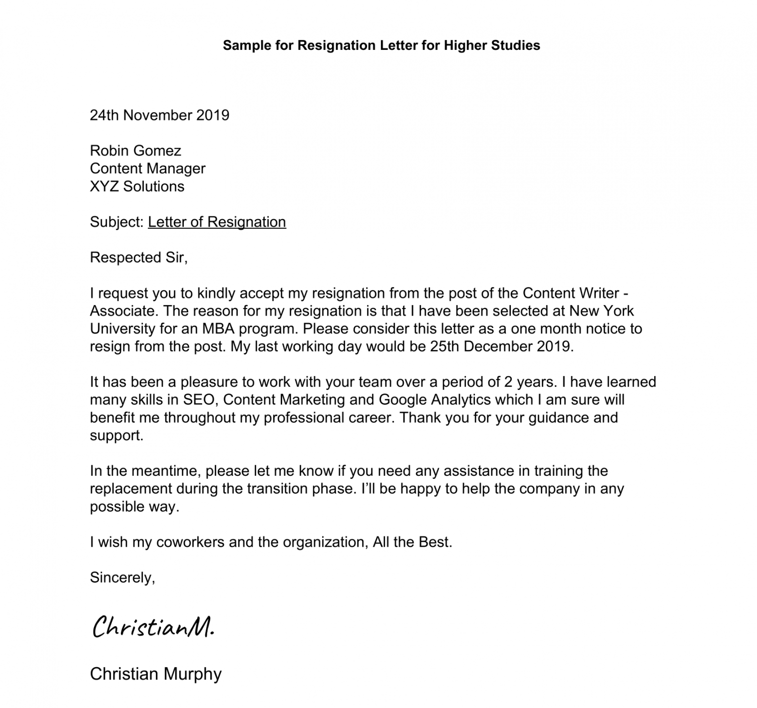 Resignation Letter for Higher Studies Format & Samples - Leverage Edu