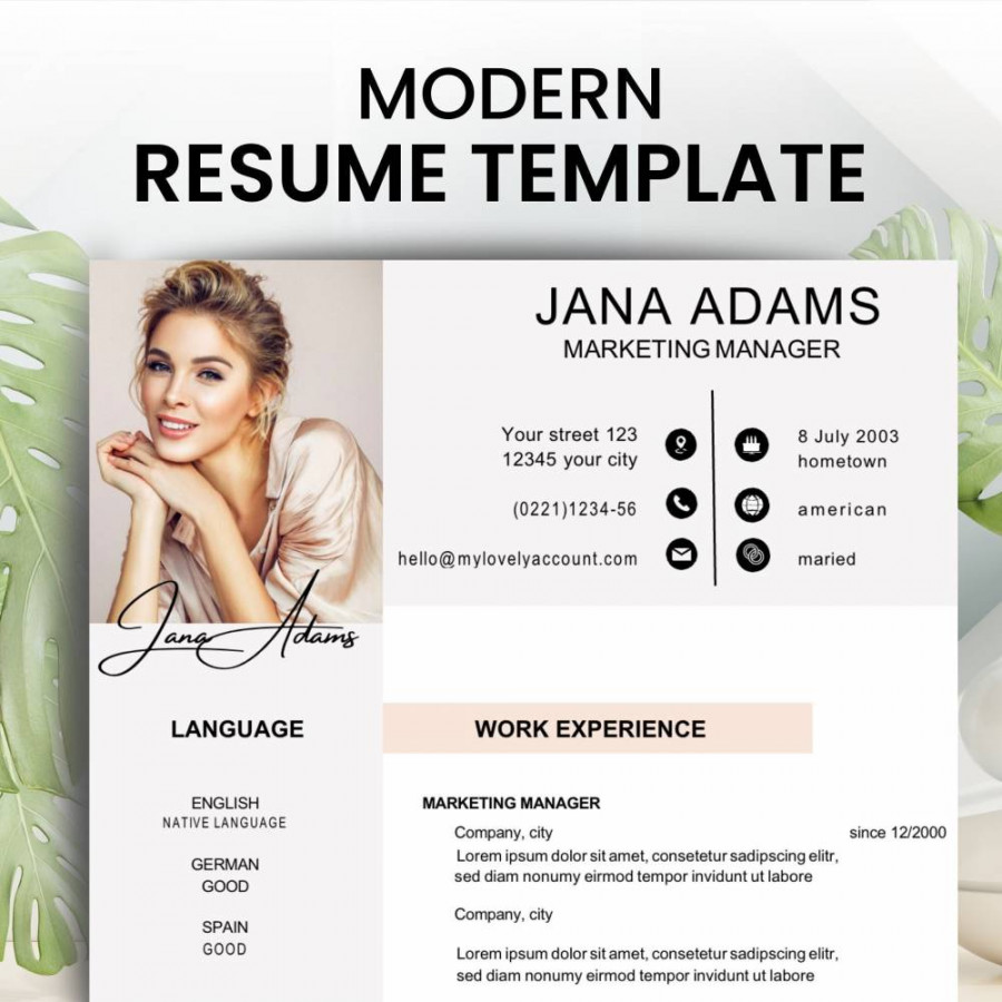 Resume Template Word , Professional CV Template with Photo, Modern  Design, Creative Template in english, Word, Pages