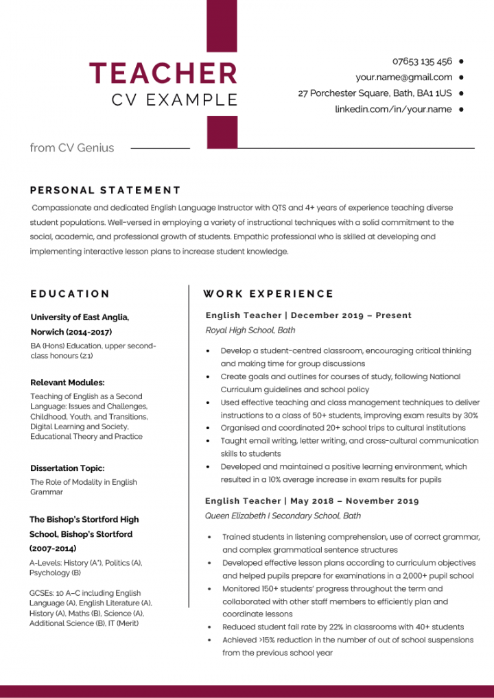 Teacher CV - Example, Free Template, & How to Write