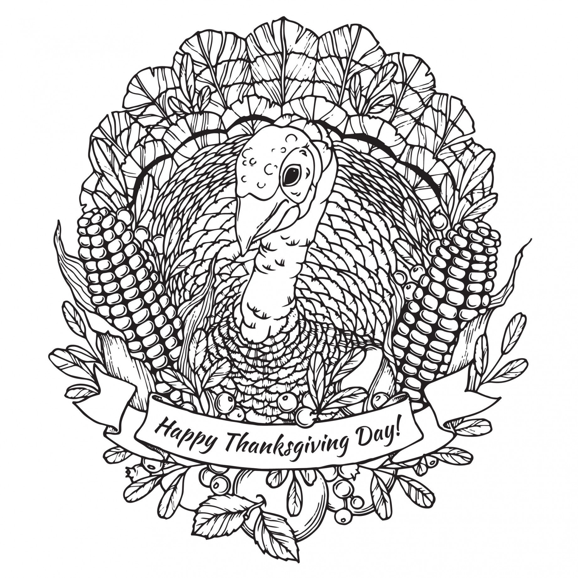 Thanksgiving day coloring page with turkey, vegetables (corn) and