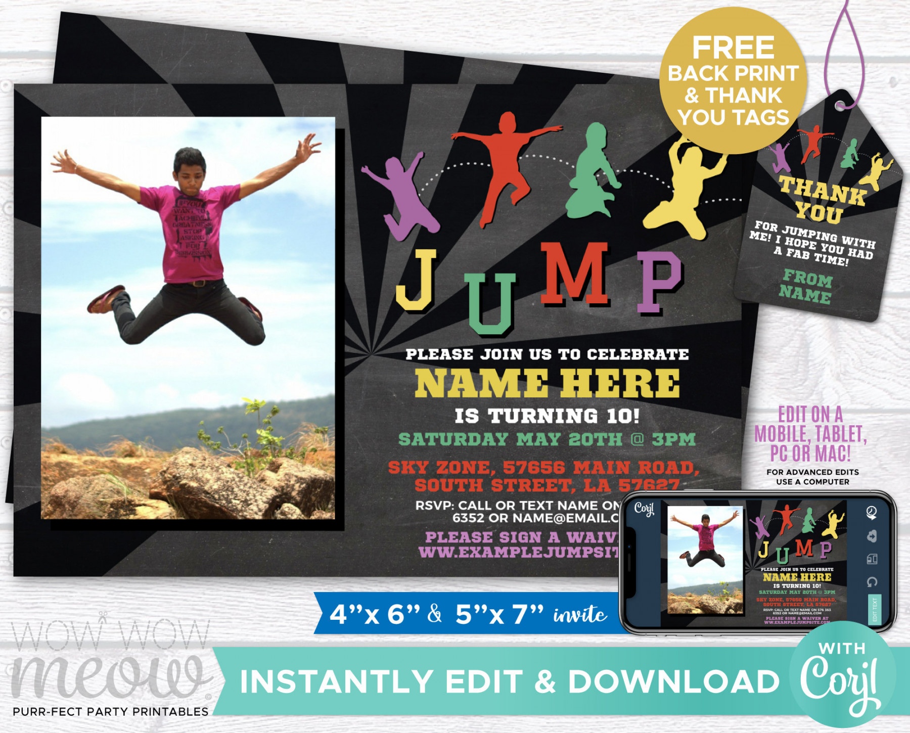 Trampoline Invitation JUMP Party Invite Photo Birthday Any Age