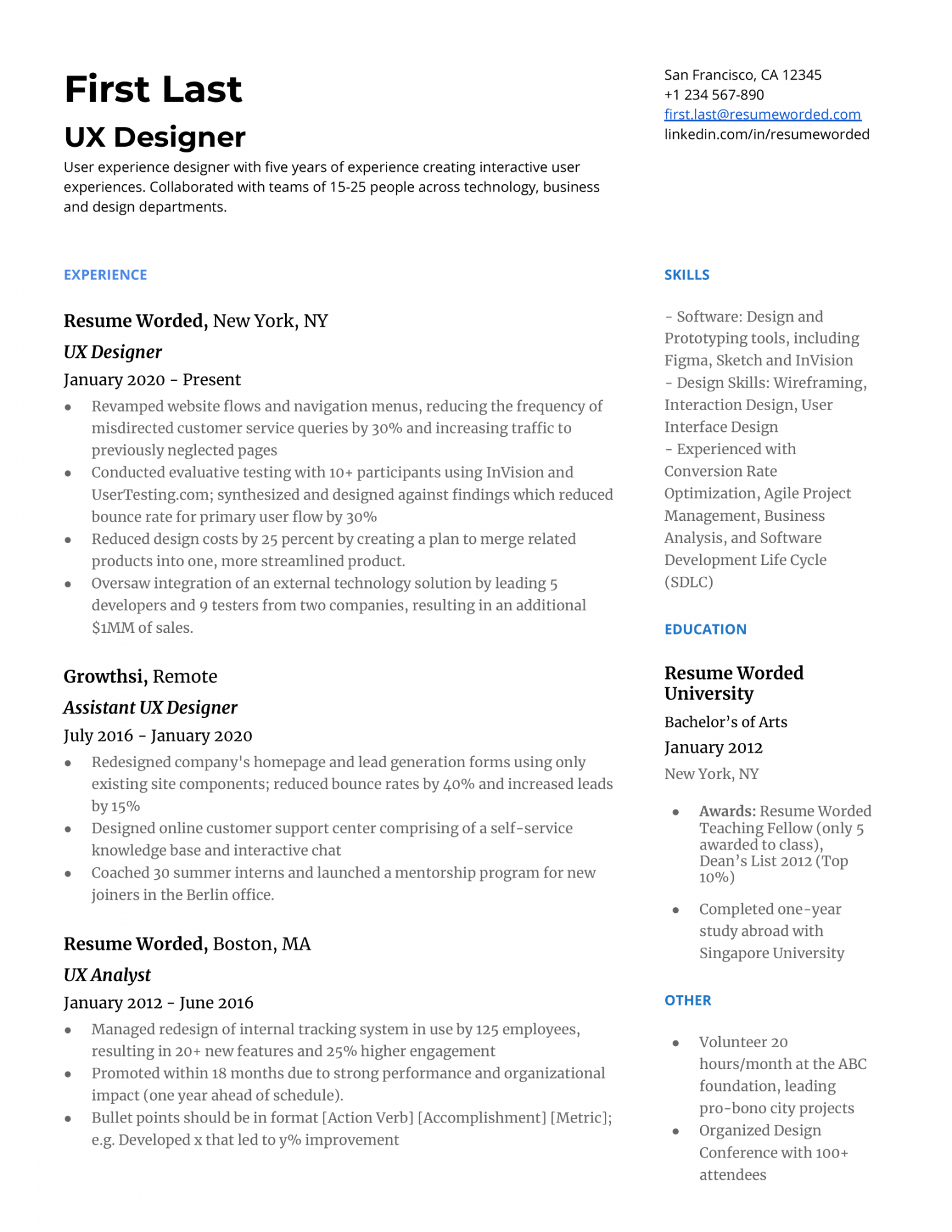 UX Designer Resume Examples for   Resume Worded