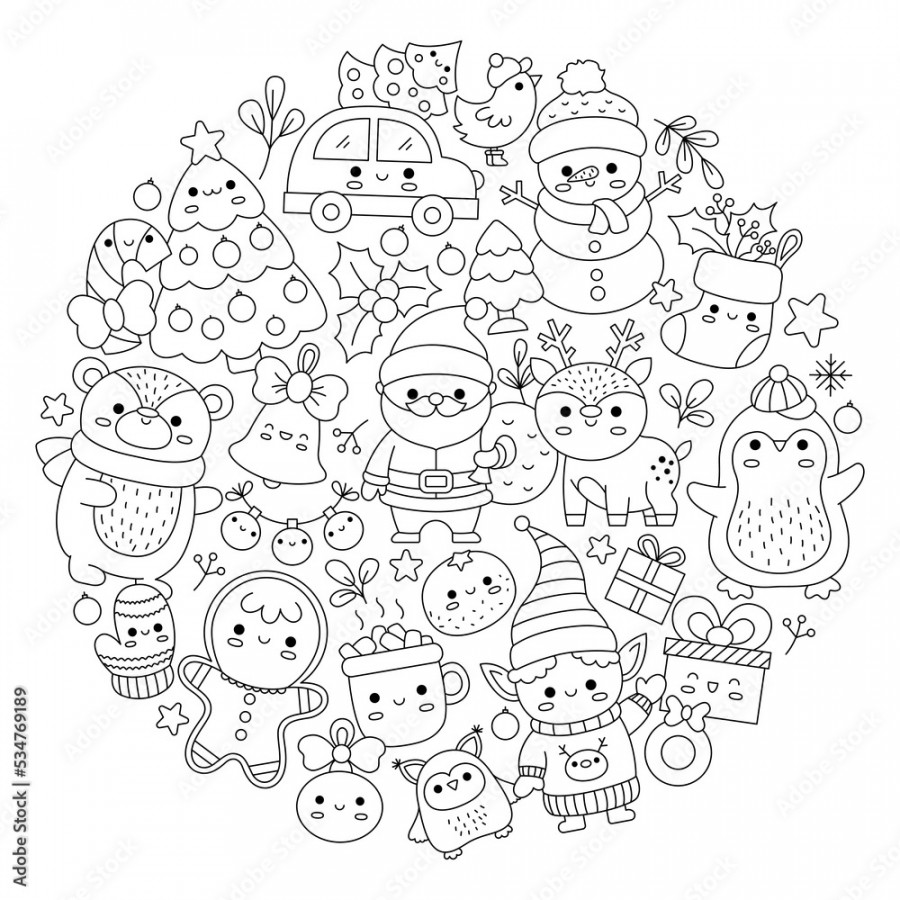 Vector Christmas round line coloring page for kids with cute