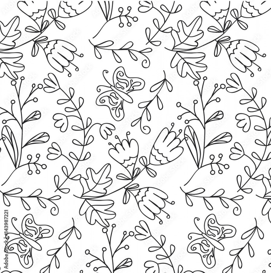 Vector floral hand drawn black and white background with flower