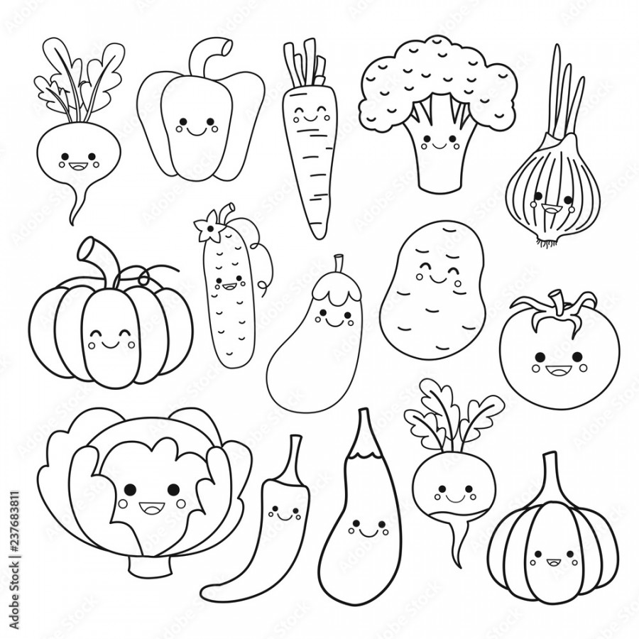 Vector set of cute vegetables. Coloring book for kids