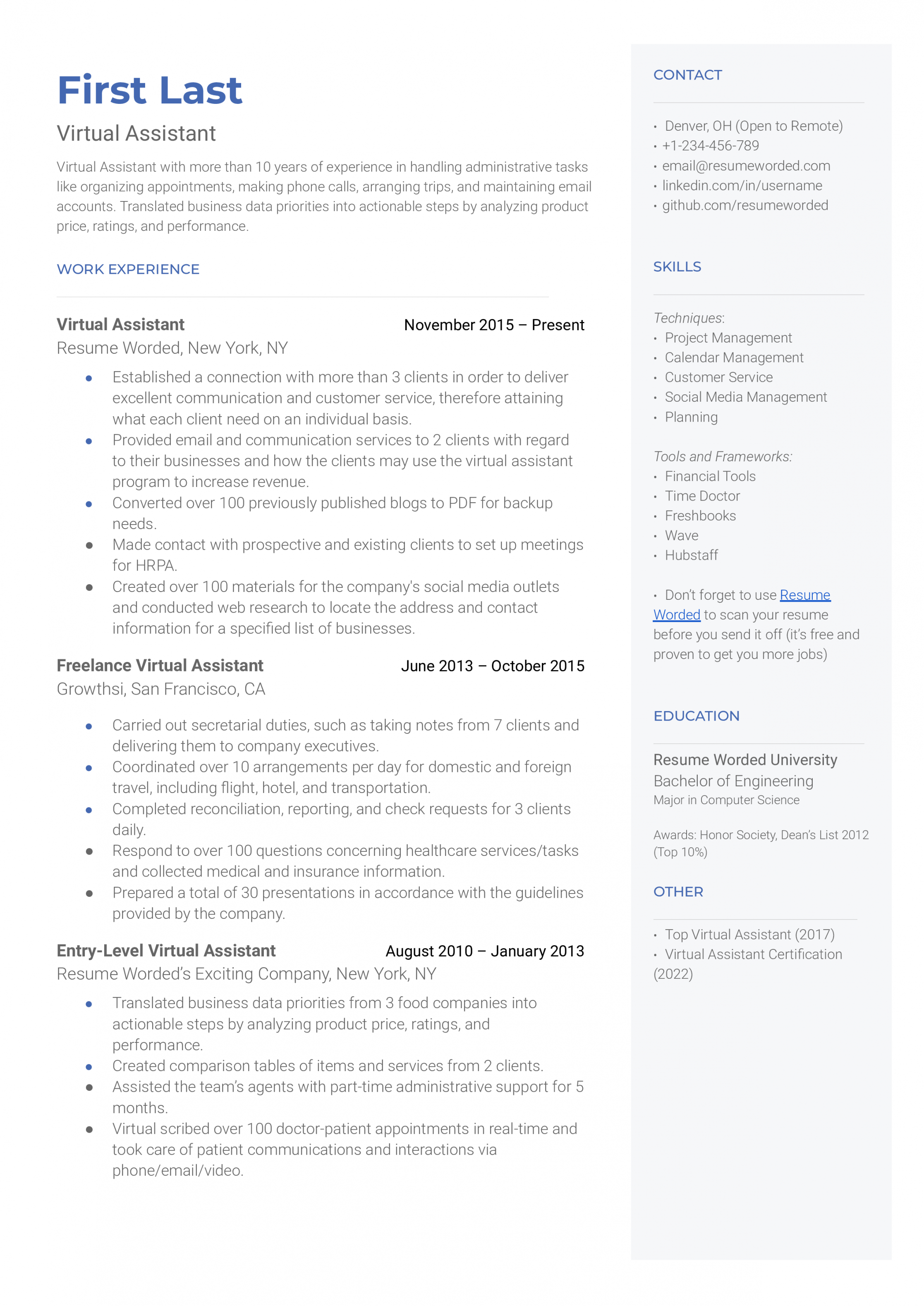 Virtual Assistant Resume Examples for   Resume Worded