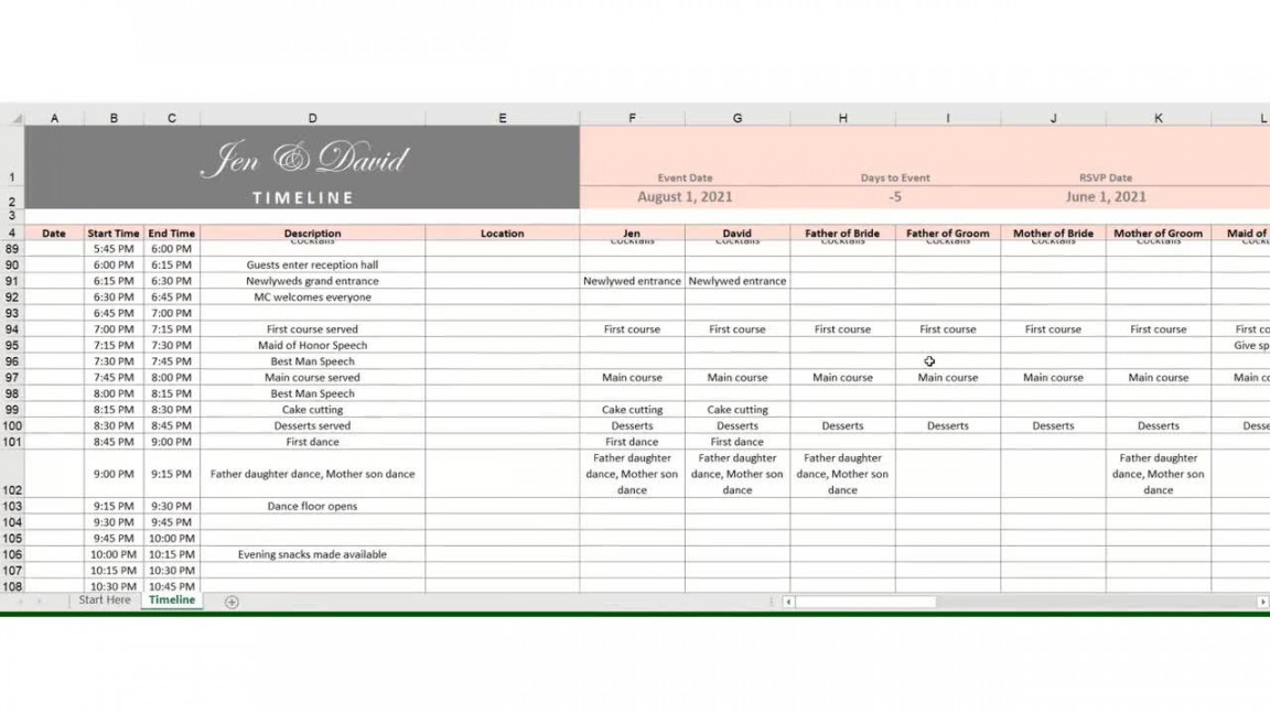 Wedding Event Timeline Excel Spreadsheet  Wedding Itinerary for the  Reception, Ceremony etc