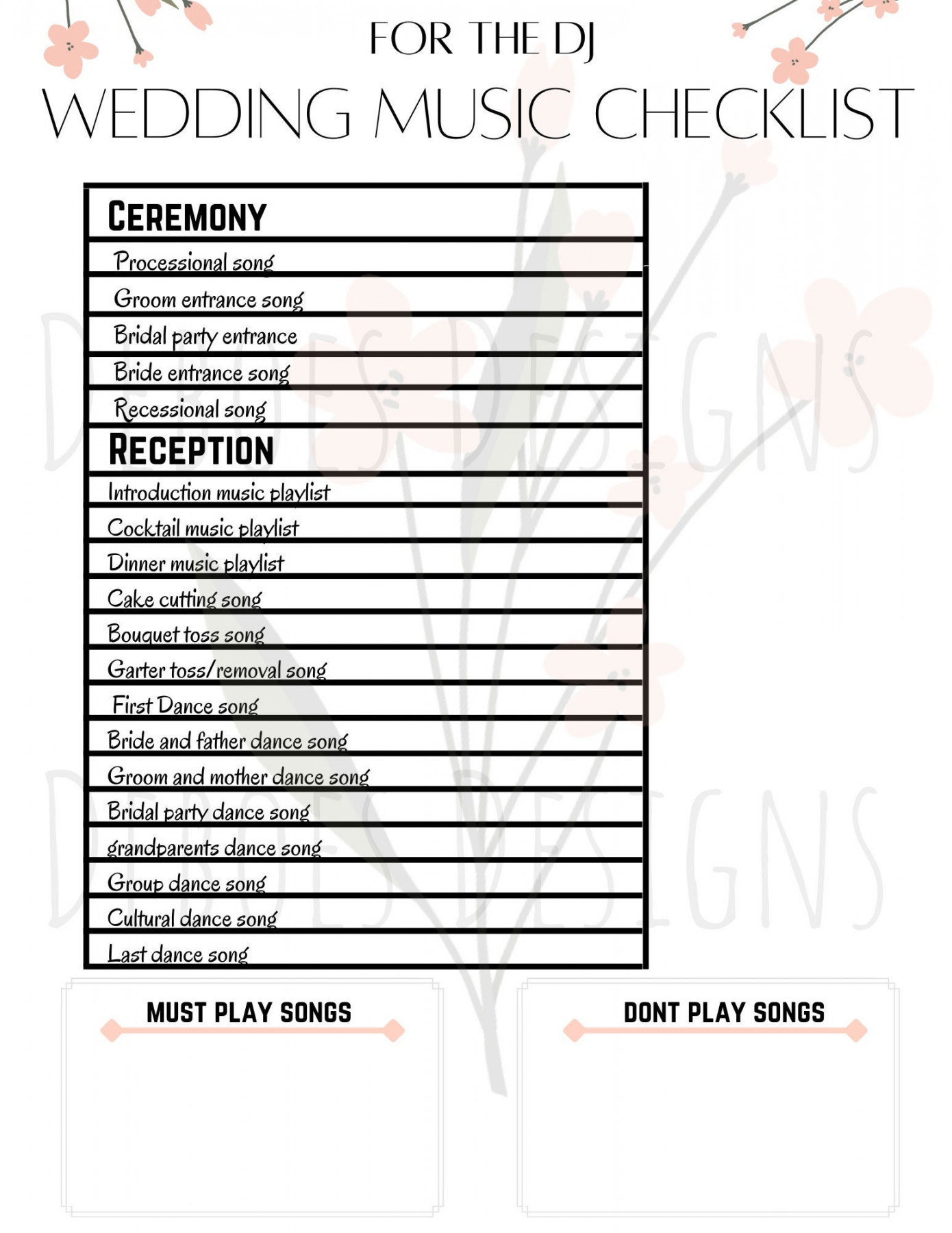 Wedding Music Checklist Template Wedding Planning Wedding - Etsy