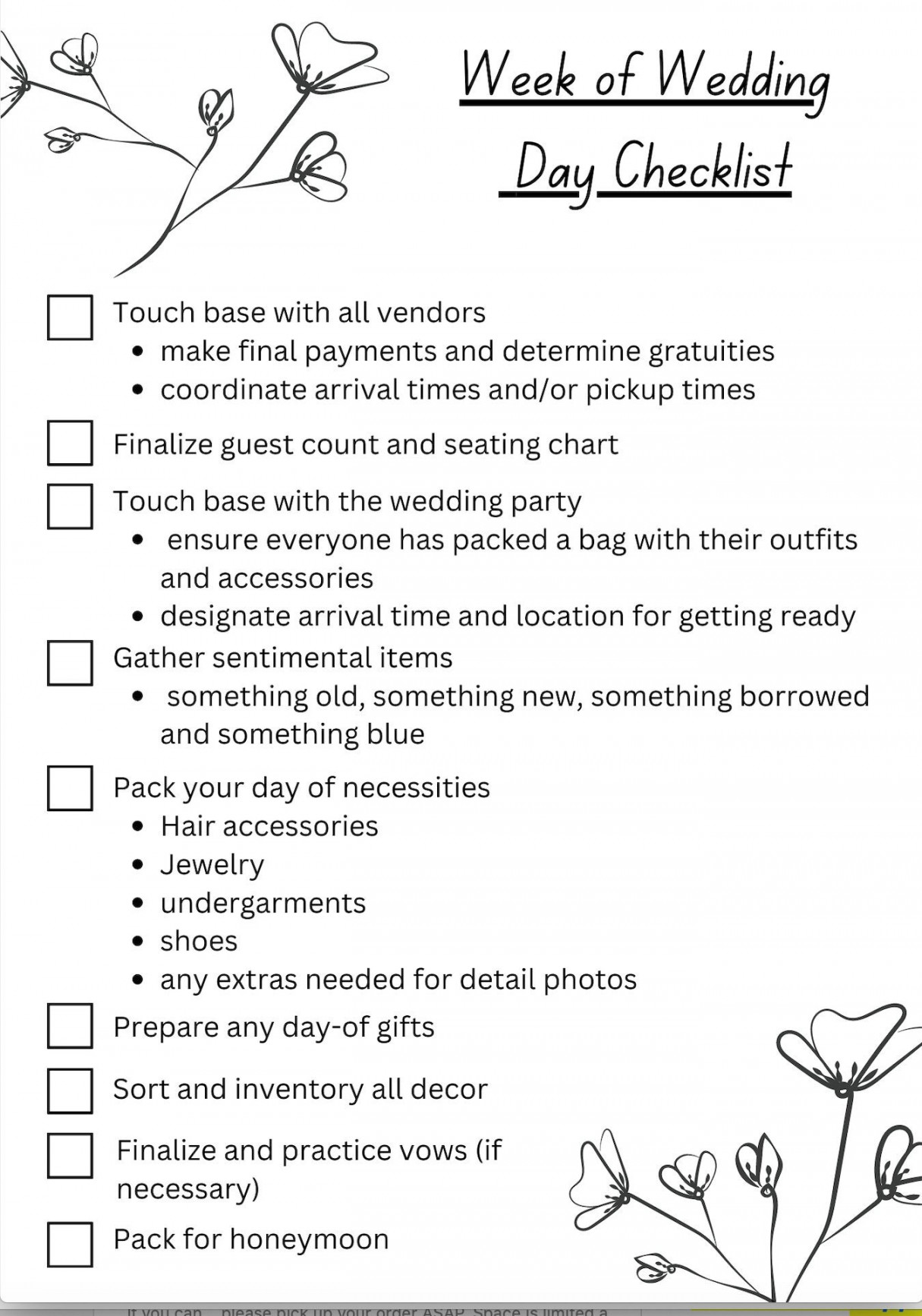 Week of Wedding Day Checklist - Etsy