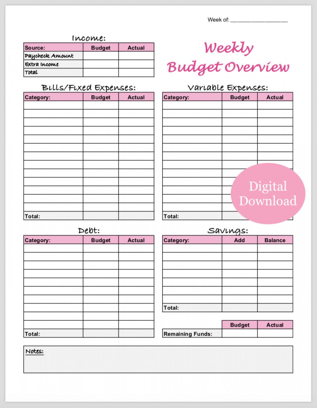 Weekly Budget Overview Template Printable pink - Etsy