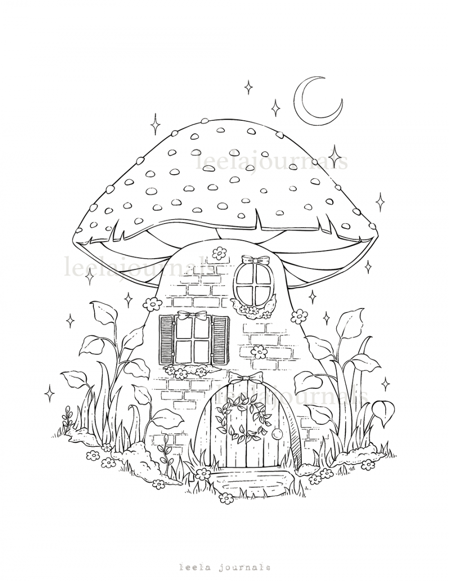 x mushroom house coloring page  digital download – Leelajournals