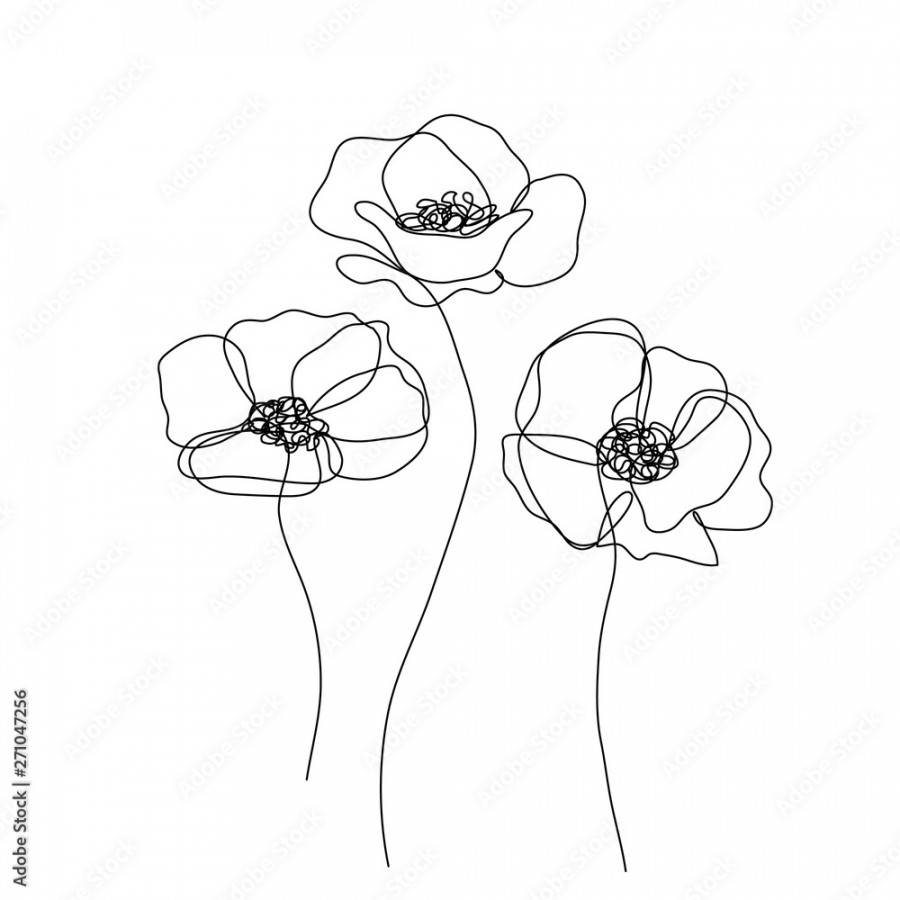 Abstract poppies flower. Continuous line drawing