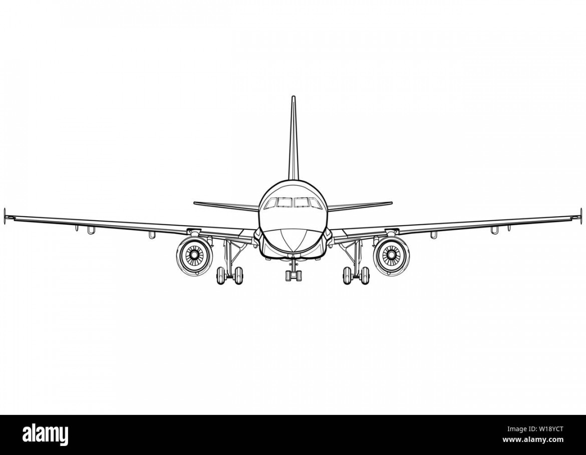 Aircraft linear black and white drawing full face, plane front