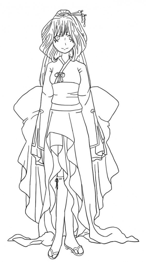 Anime Kimono Girl Line Art Sketch Coloring Page  Anime girl