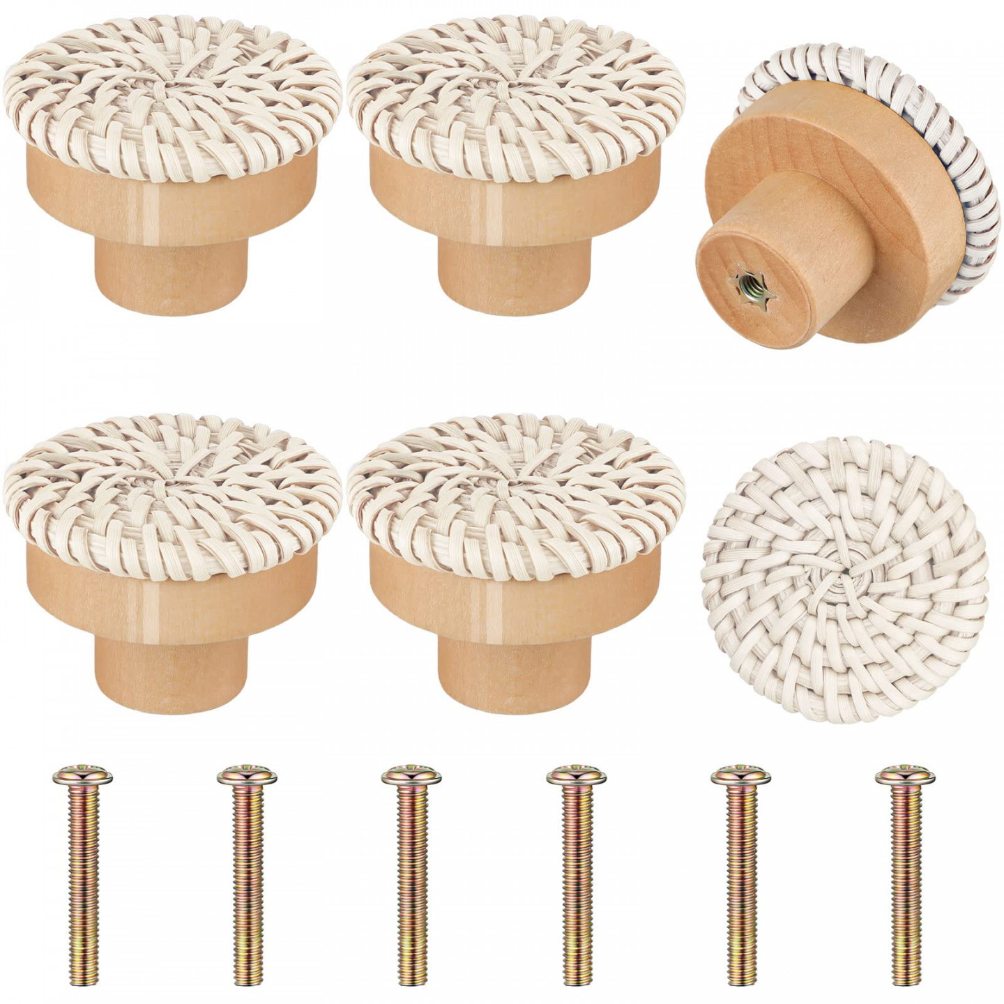 Blulu Wooden Knobs Wooden Rattan Drawer Knobs Handmade Braided Round  Decorative Pull Handles and Screws Home Decor for Bohemian Wood Cabinet  Furniture