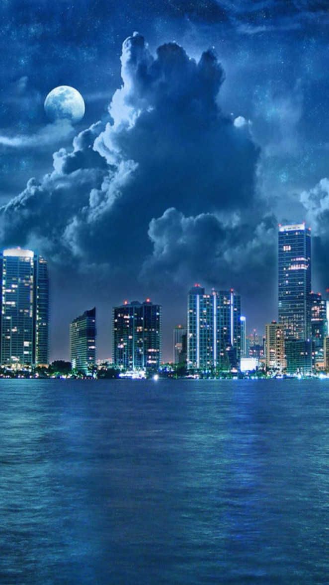 City Lights at Night Blue Sea Android and iPhone Wallpaper