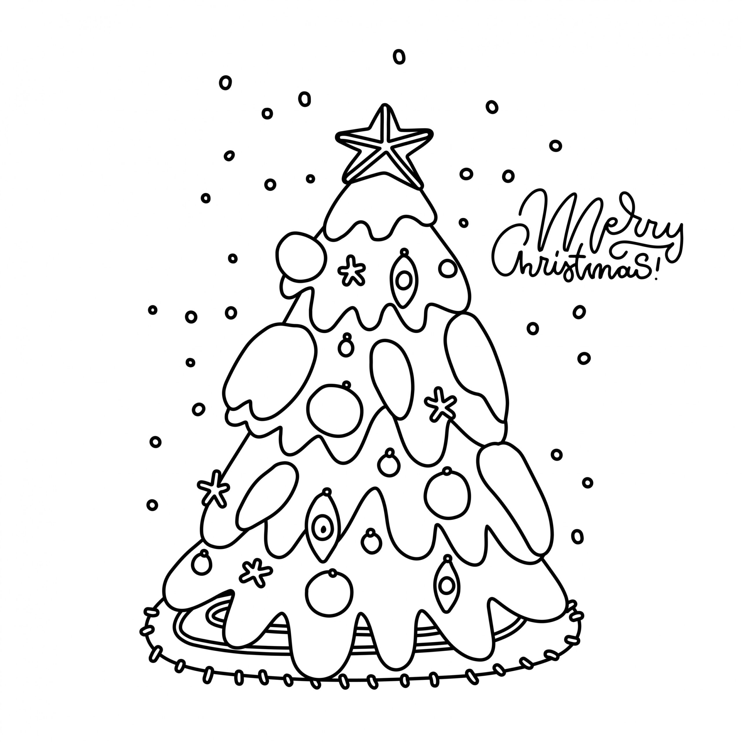 Coloring page of a decorated Christmas tree covered with snow