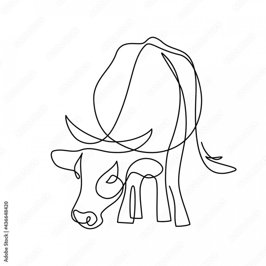 Cow on pasture in continuous line art drawing style