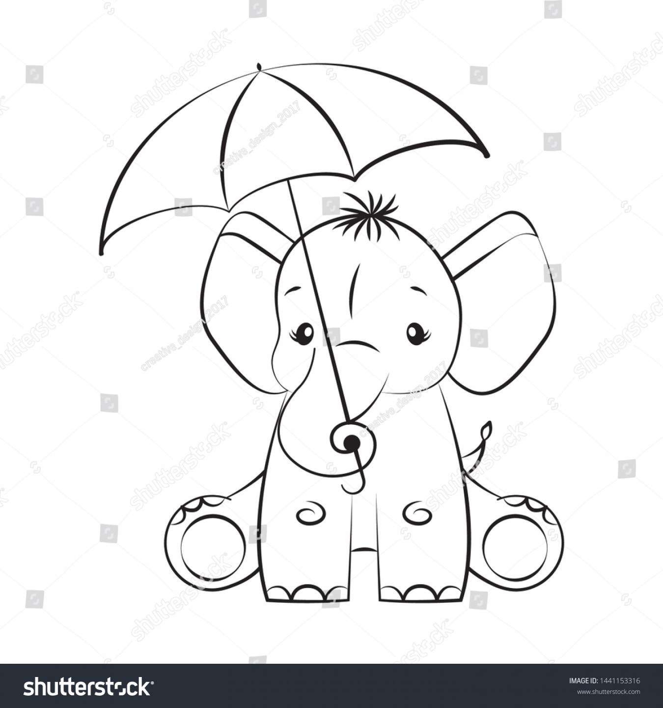 Cute Baby Elephant Umbrella Sketch Isolated: Stock-Vektorgrafik