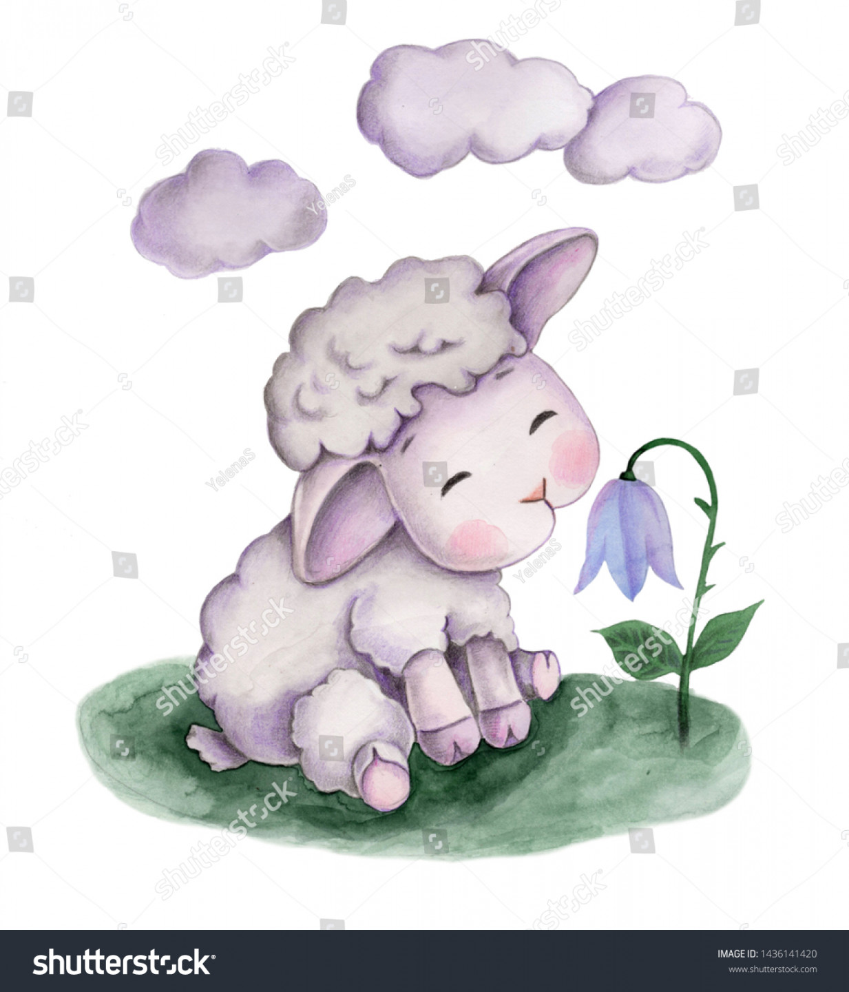 Cute Cartoon Watercolor Little Sheep Baby Stock Illustration