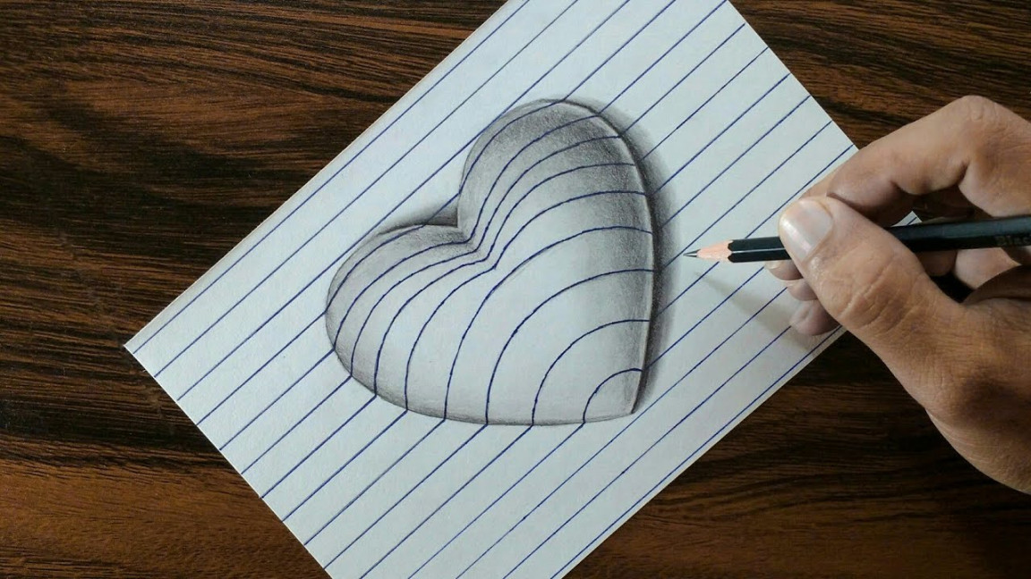 D Heart on Line Paper - Trick Art Drawing