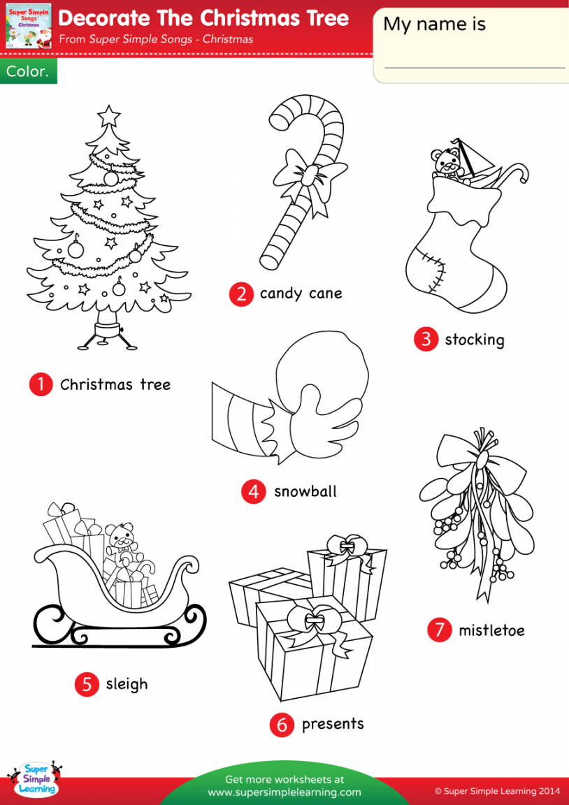 Decorate The Christmas Tree Worksheet - Vocabulary Coloring