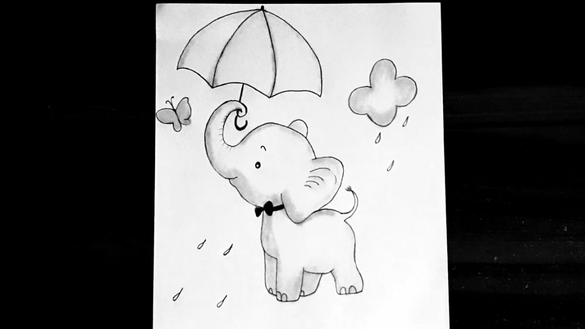 Easy drawing of a cute baby elephant with umbrella  pencil drawing //  easy drawing