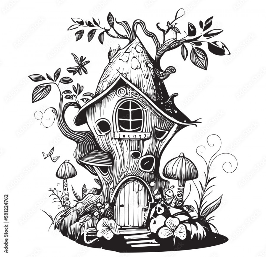 Fairy house in the forest hand drawn sketch illustration Stock