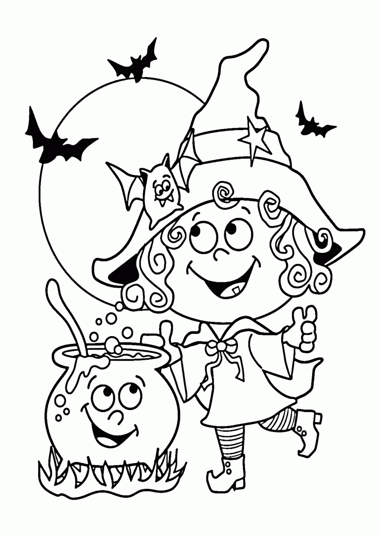 Halloween Little funny witch coloring page for kids, printable