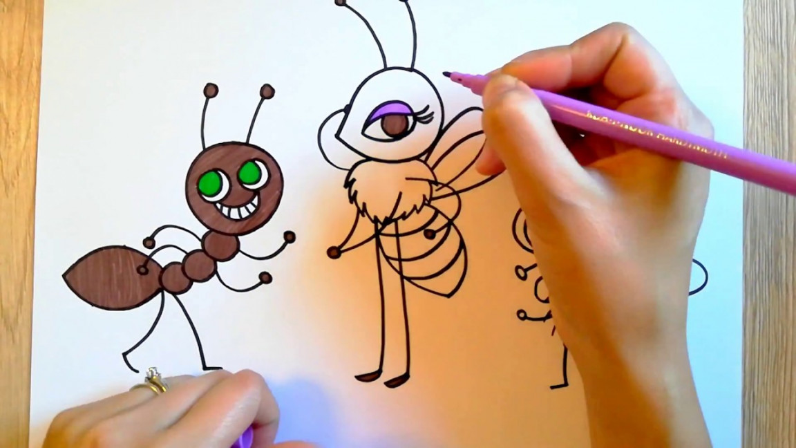 HOW TO DRAW Bugs - Ant, Bee & Fly - Colored with markers