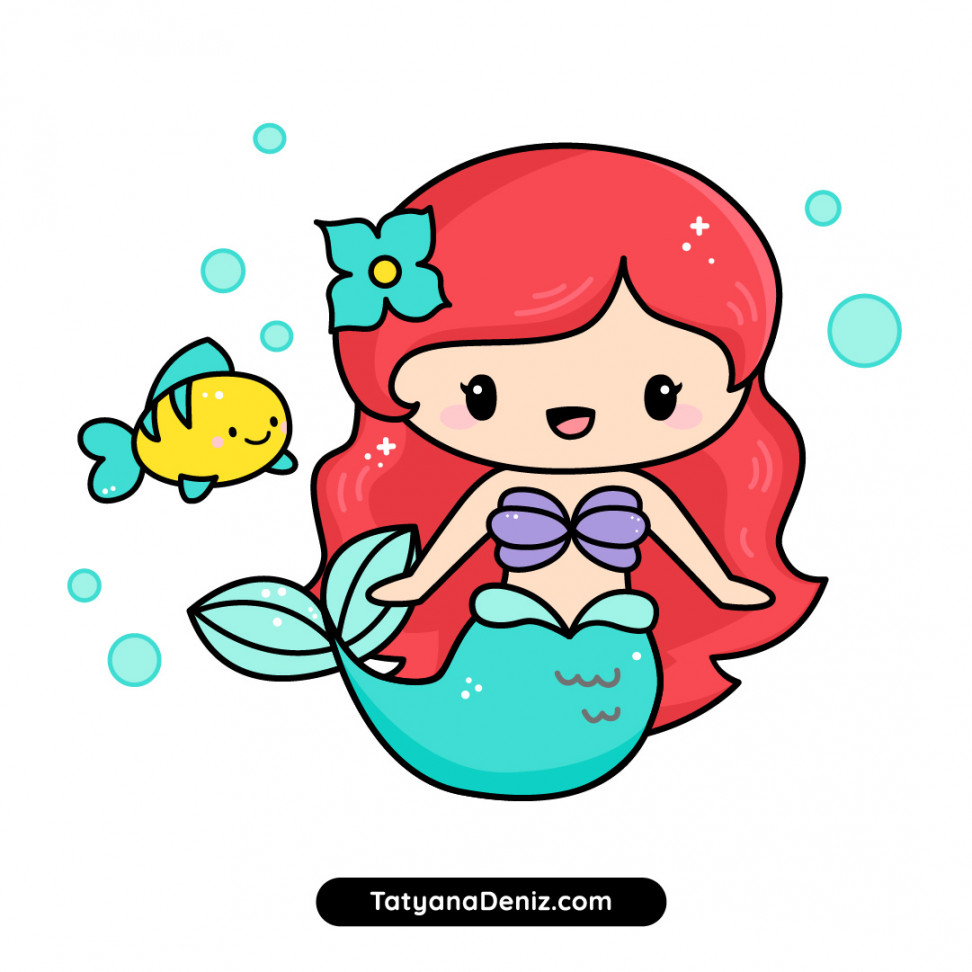 How to draw little mermaid Ariel cute and easy step-by-step