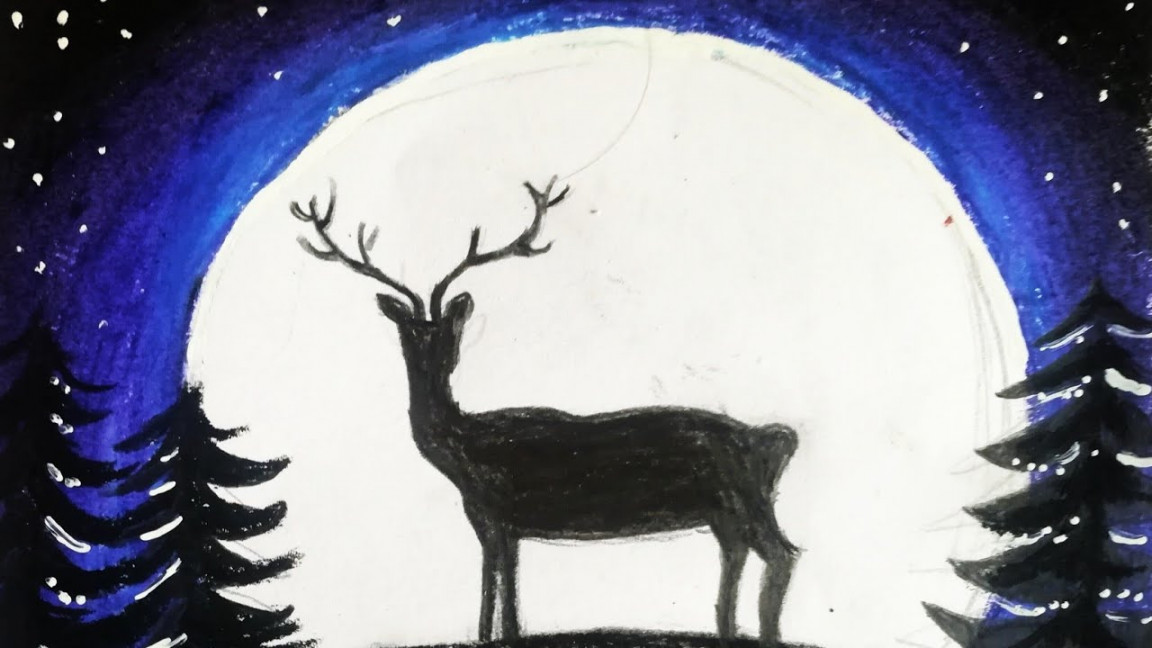 Moonlight deer oil pastel drawing  night drawing with oil pastel