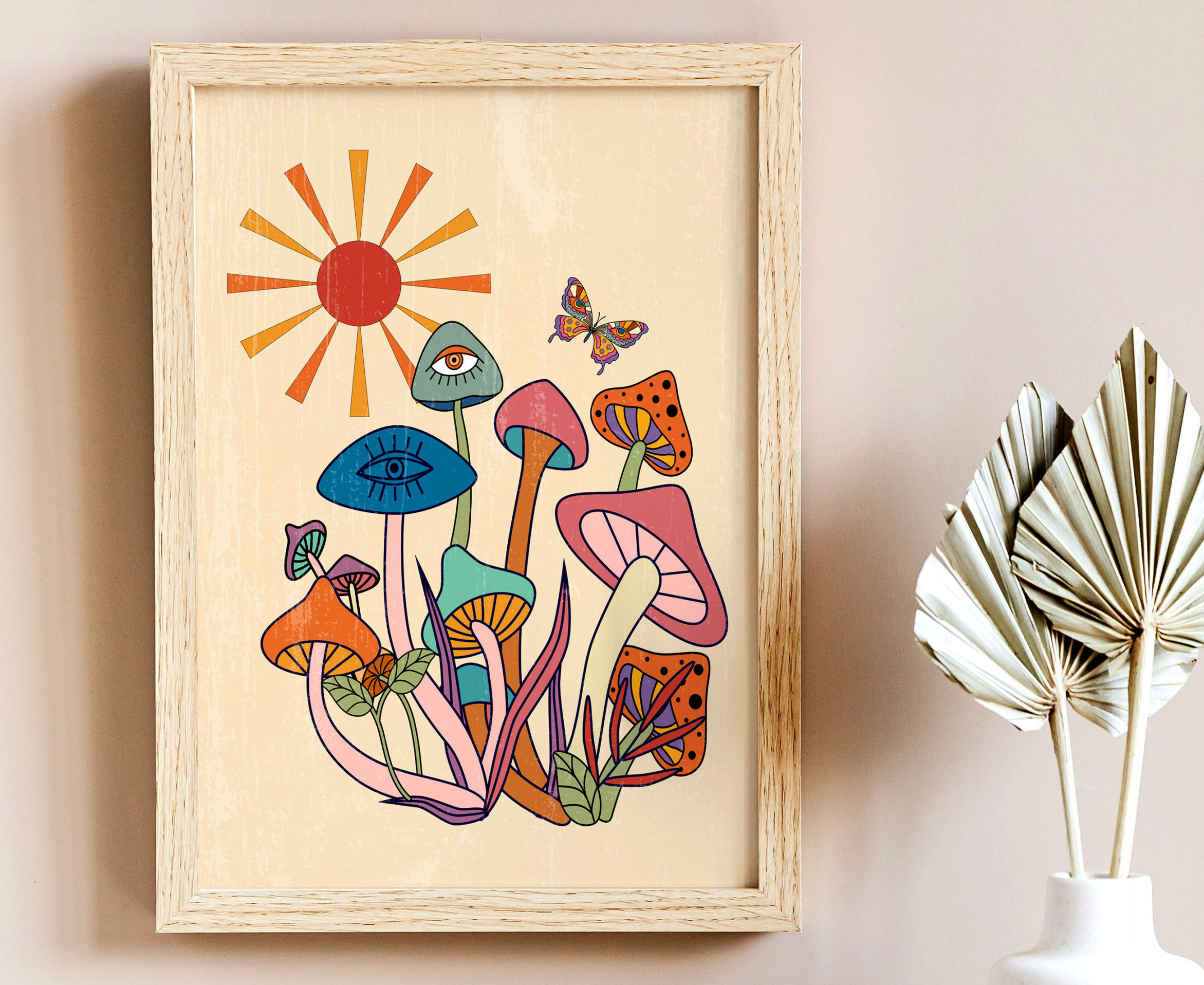 Mushroom Art, s Hippie Wall Art, Mushroom Decor, Retro s Home