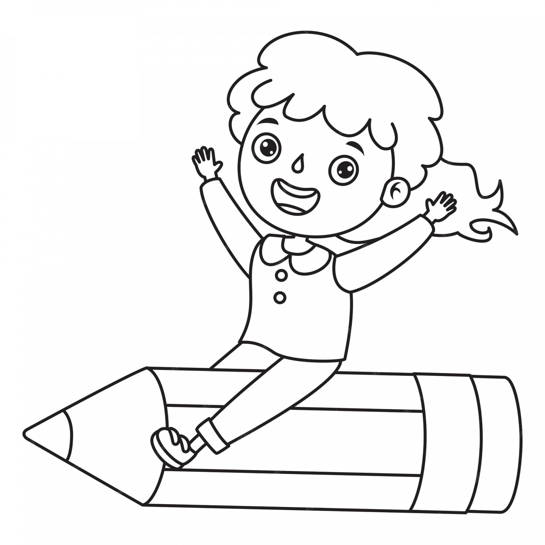 Premium Vector  Girl on big pencil, line art drawing for kids