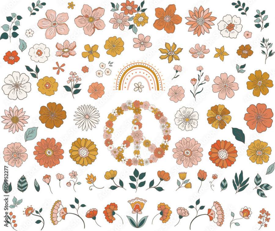 Retro hand drawn outline flowers clipart, vintage groovy s