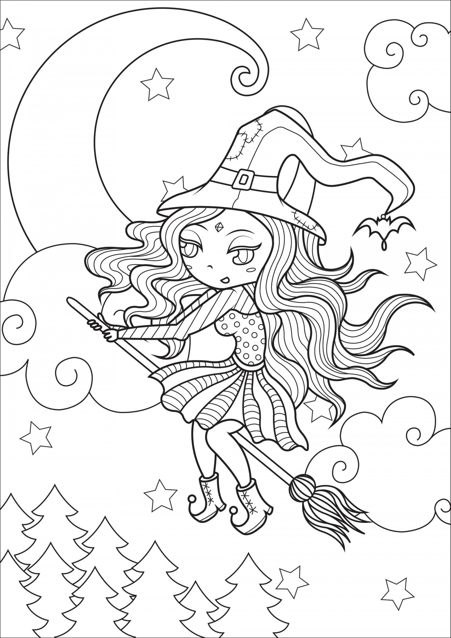 Simple happy witch - Witch in flight, with beautiful moon and