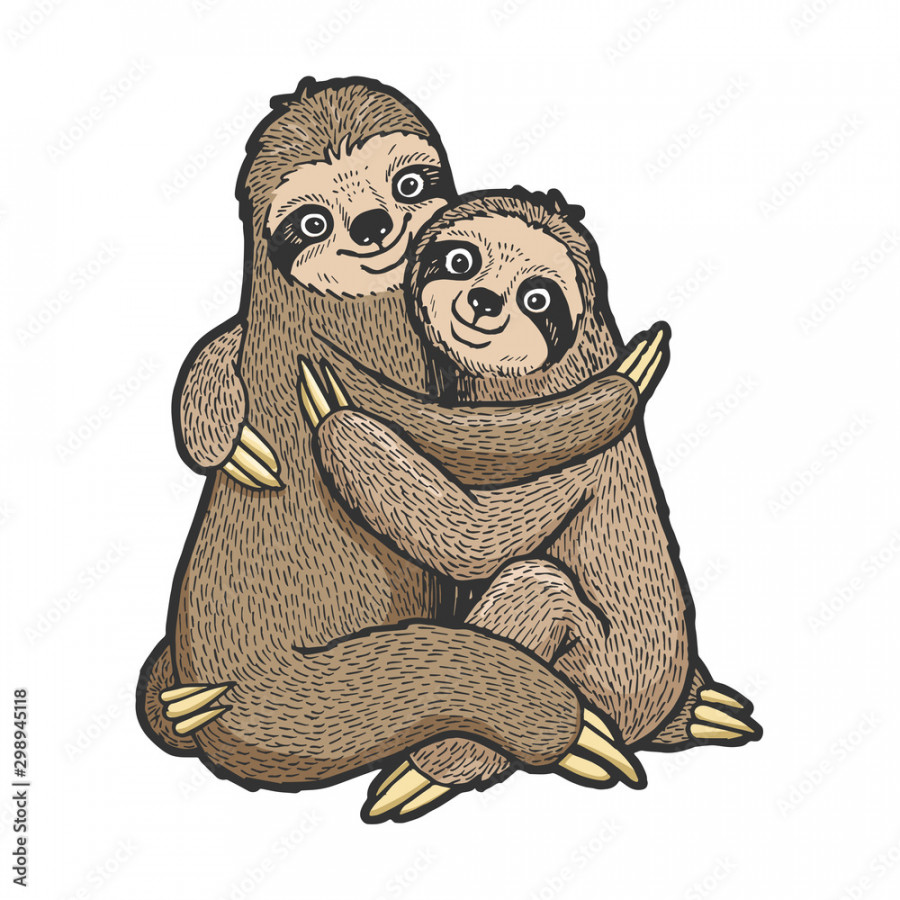 Sloth love couple hug sketch engraving vector illustration