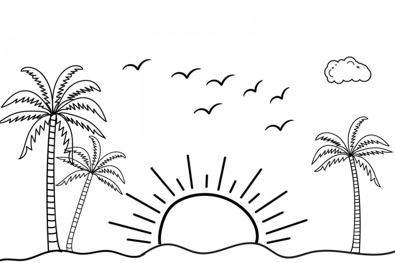 Summer sunset tropical beach line art vector illustration, hand