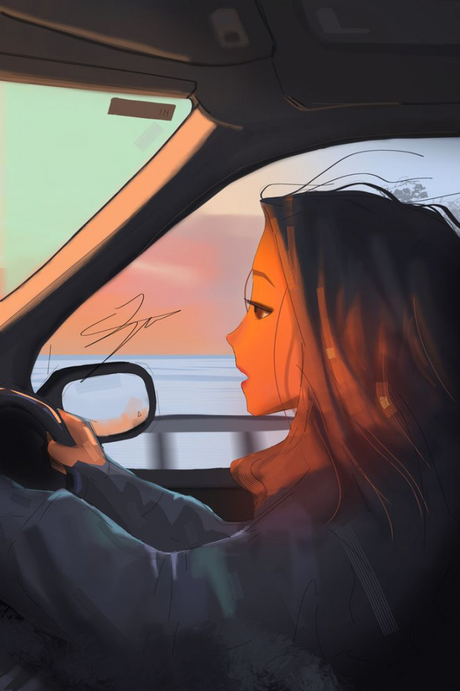 Sunset drives  Digital art girl, Girls cartoon art, Girly art