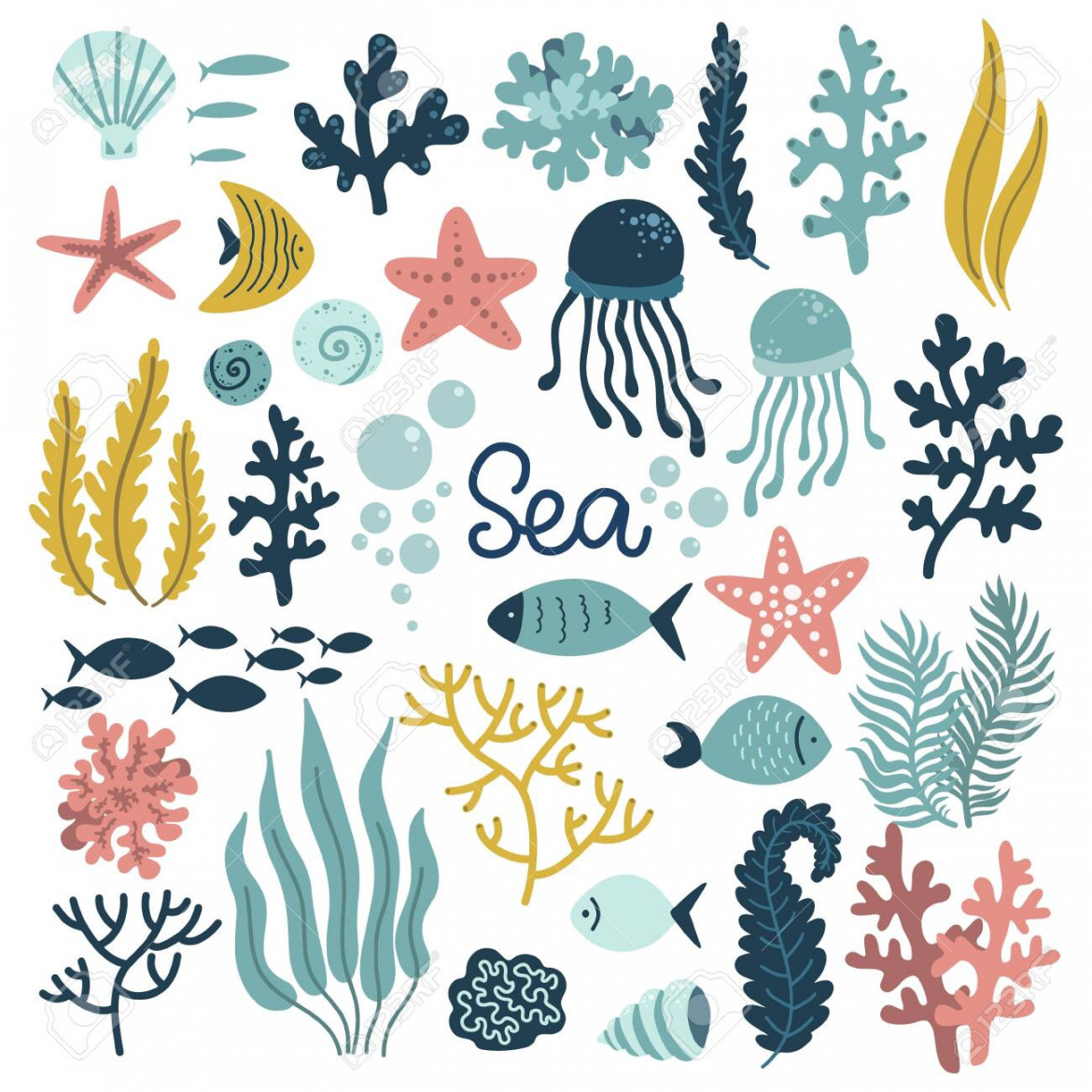 Underwater World Set Of Elements, Sea Okean, Cute Mollusks, Coral