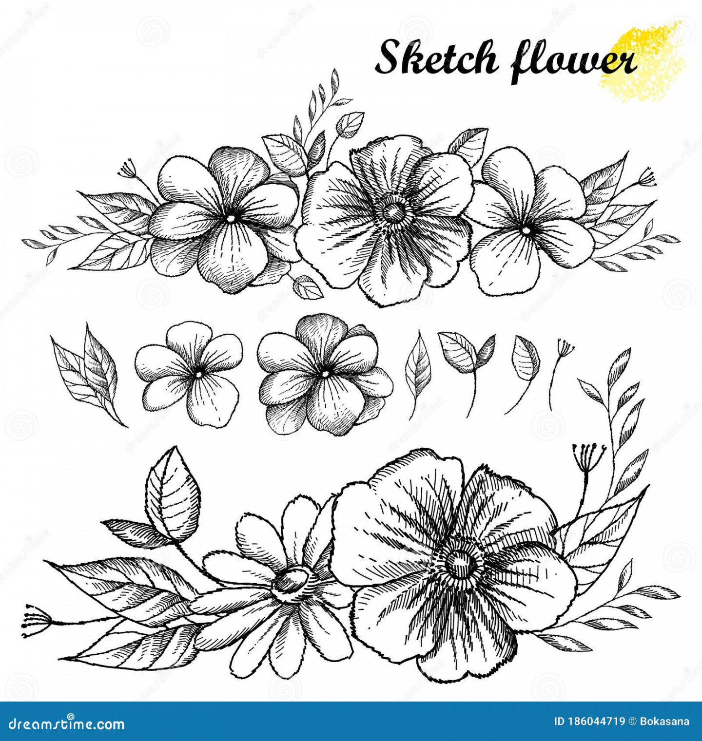 Vector Set of Hand Drawn Sketch of Flower Horizontal Garland with