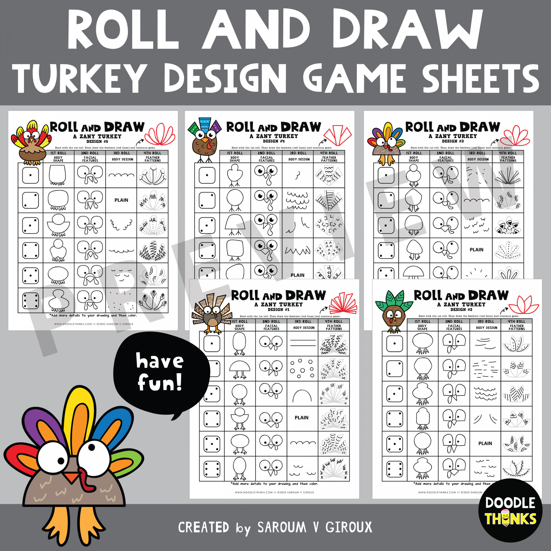 Zany Turkey Design Roll and Draw Game Sheets  NO PREP Drawing Activities