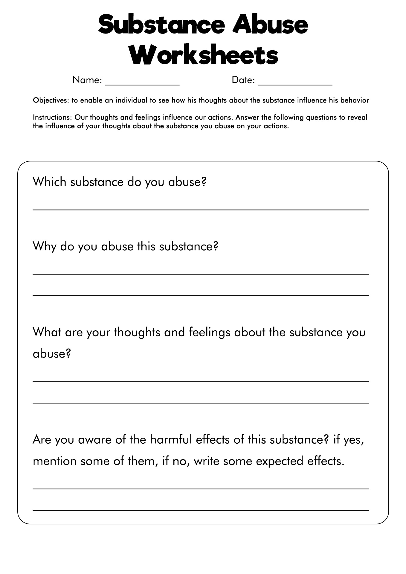 Interactive 60+ Worksheets For Substance Abuse 64